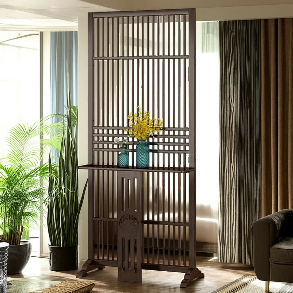LIVARA Bamboo Screen Partition With Storage Platform 72Cm 144Cm Wood Color/Walnut Color