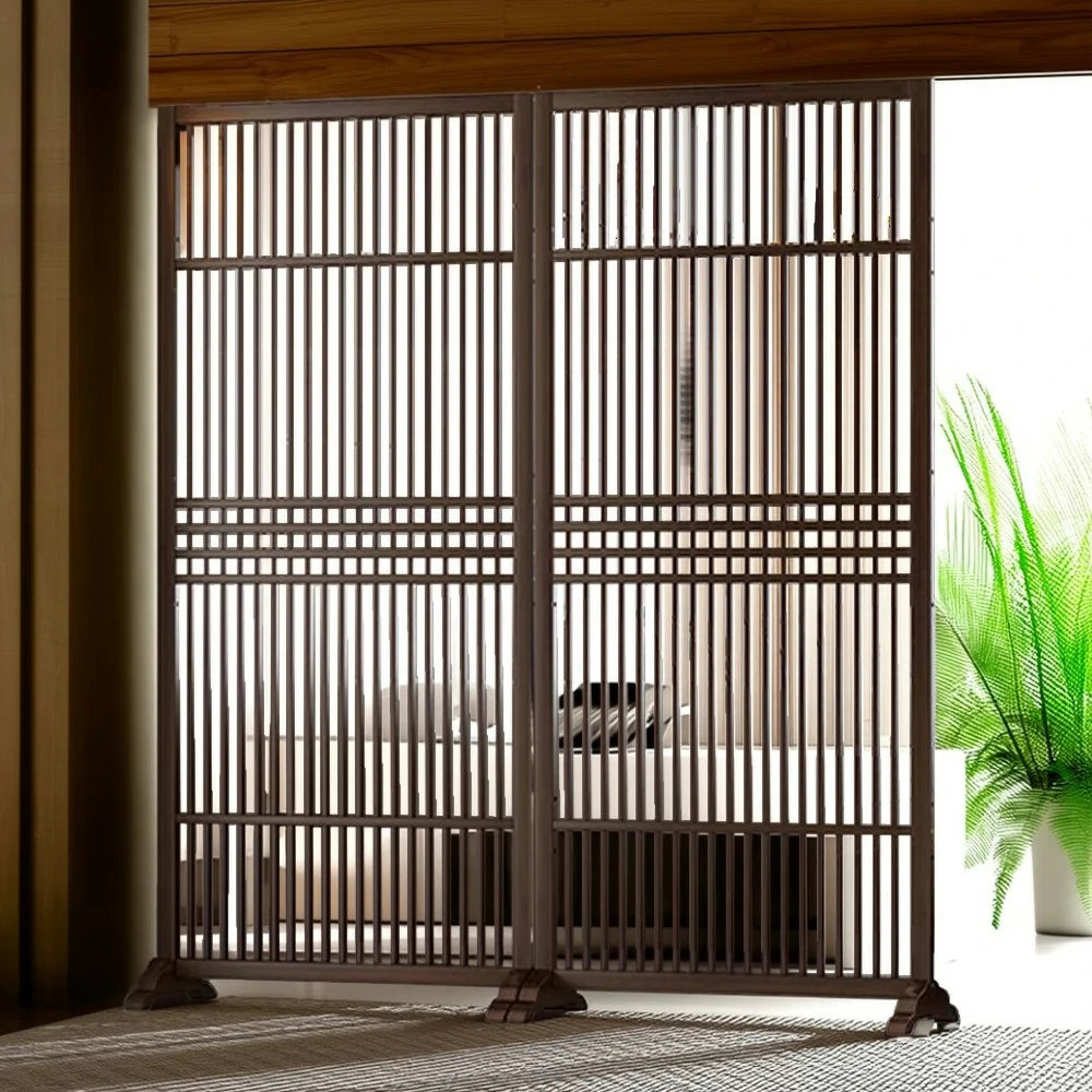 LIVARA Hollow Screen Partition With Two Pieces, 144Cm Wood Grain/Walnut Color