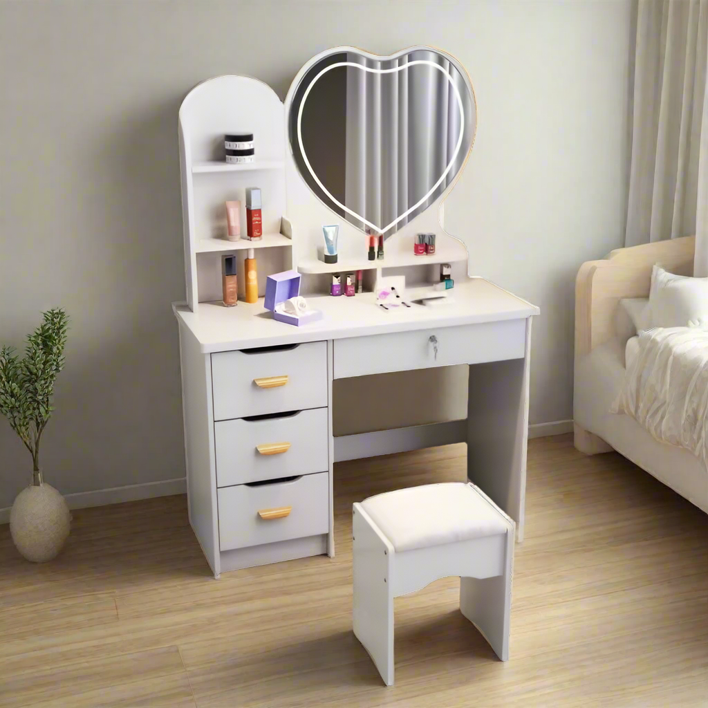 LIVARA 70/80/100CM Length Heart-shaped Mirror Dressing Table With Stool