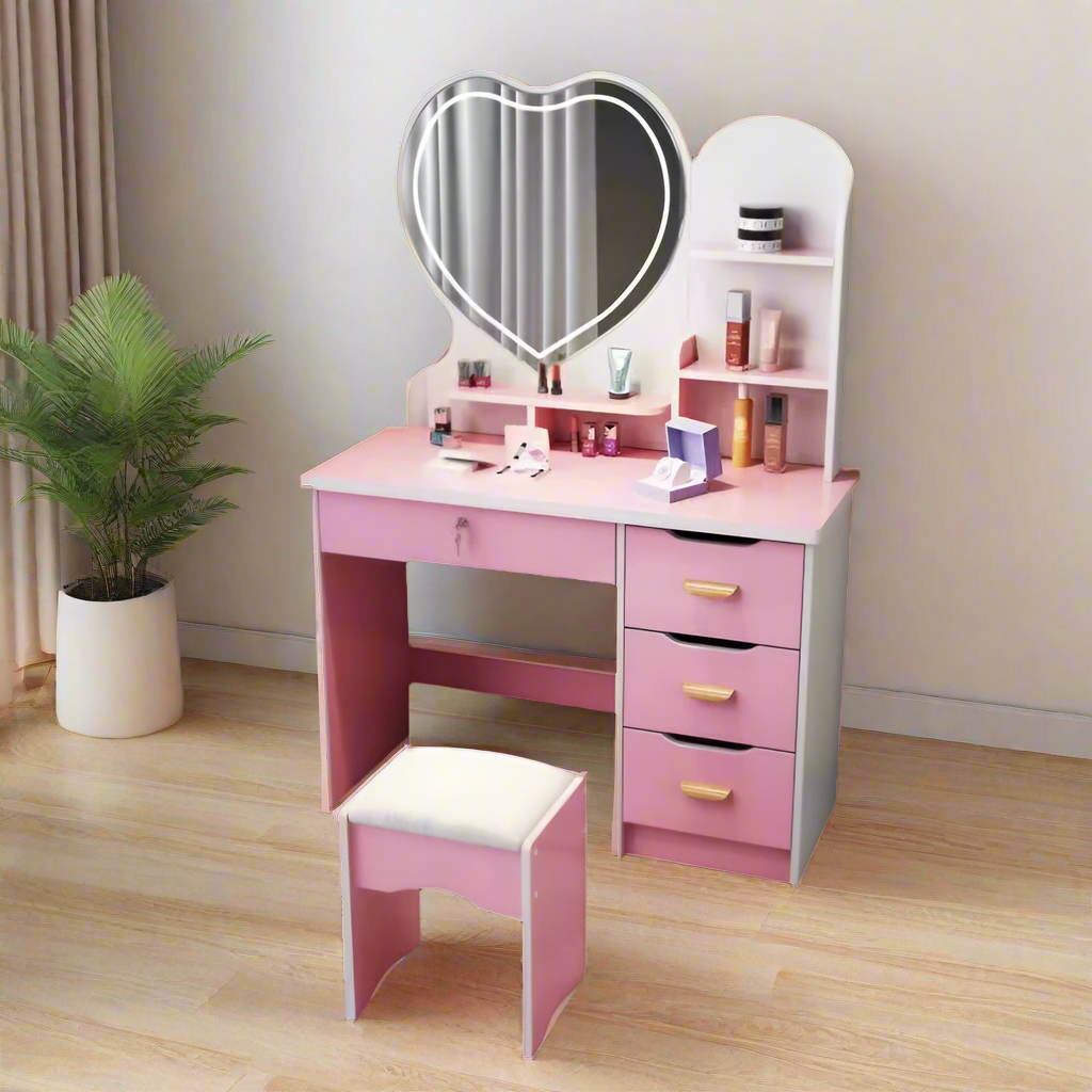 LIVARA 70/80/100CM Length Heart-shaped Mirror Dressing Table With Stool