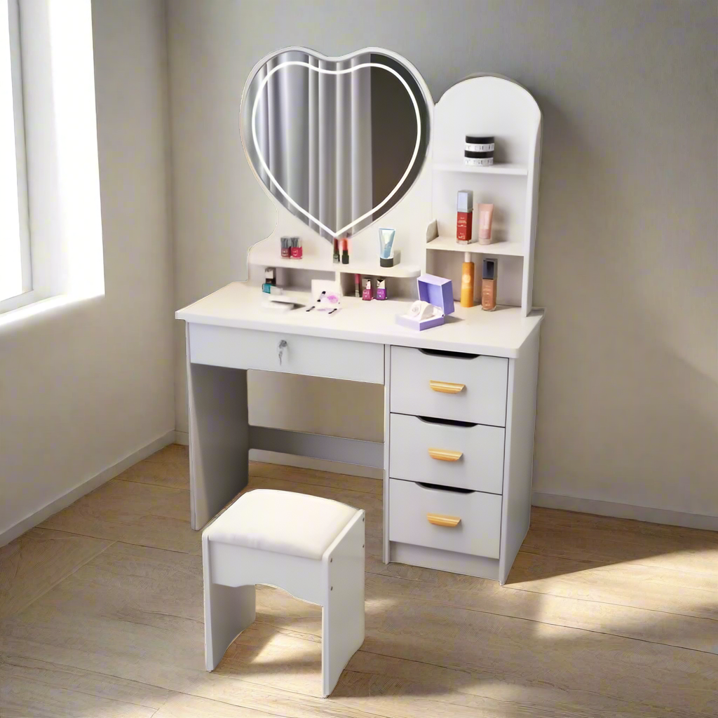 LIVARA 70/80/100CM Length Heart-shaped Mirror Dressing Table With Stool