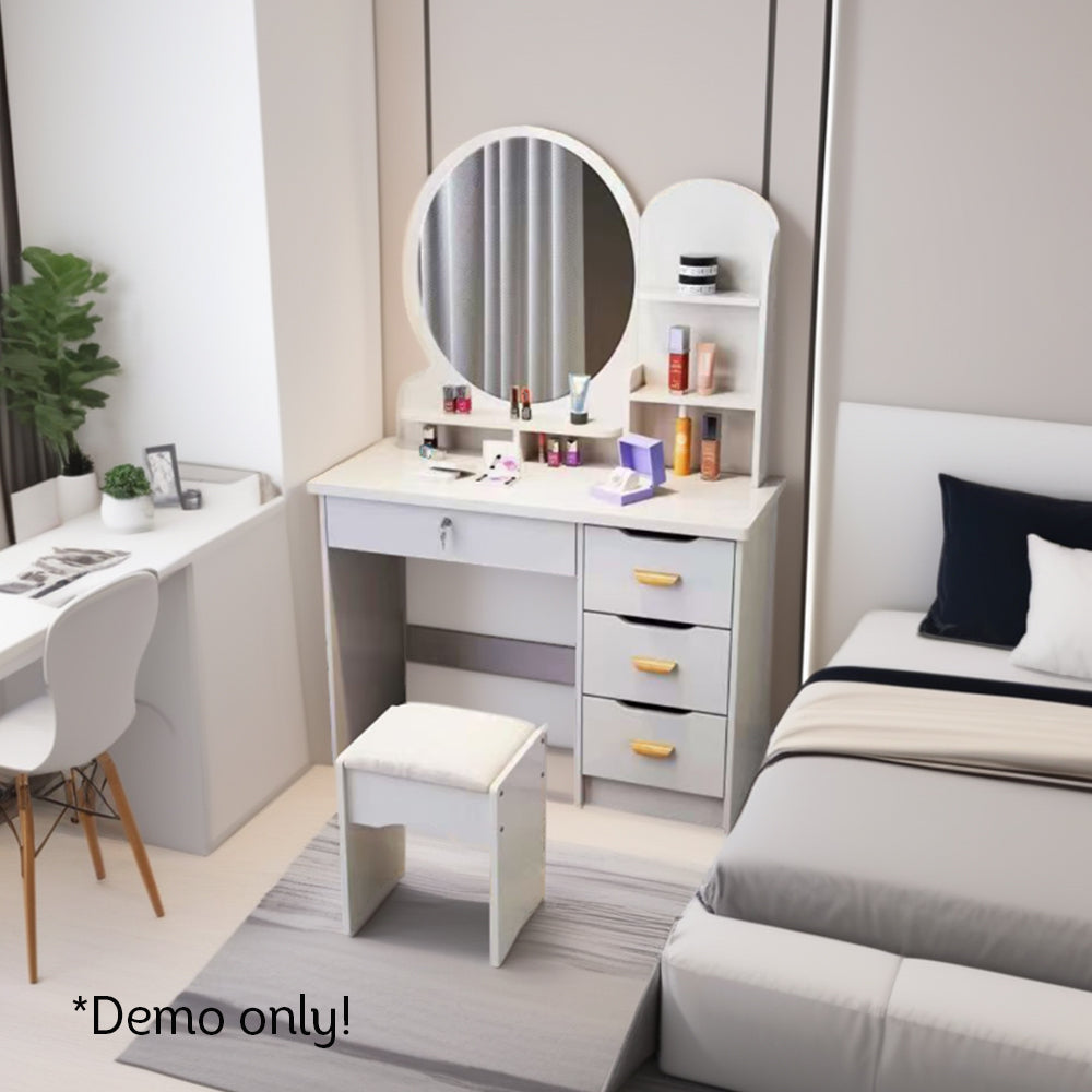 LIVARA 70/80CM Length Round Mirror Dressing Table With Stool