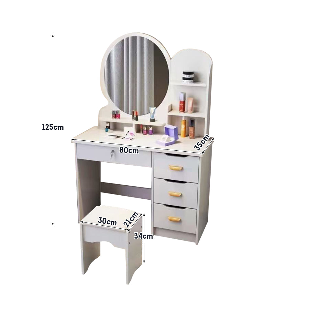 LIVARA 70/80CM Length Round Mirror Dressing Table With Stool