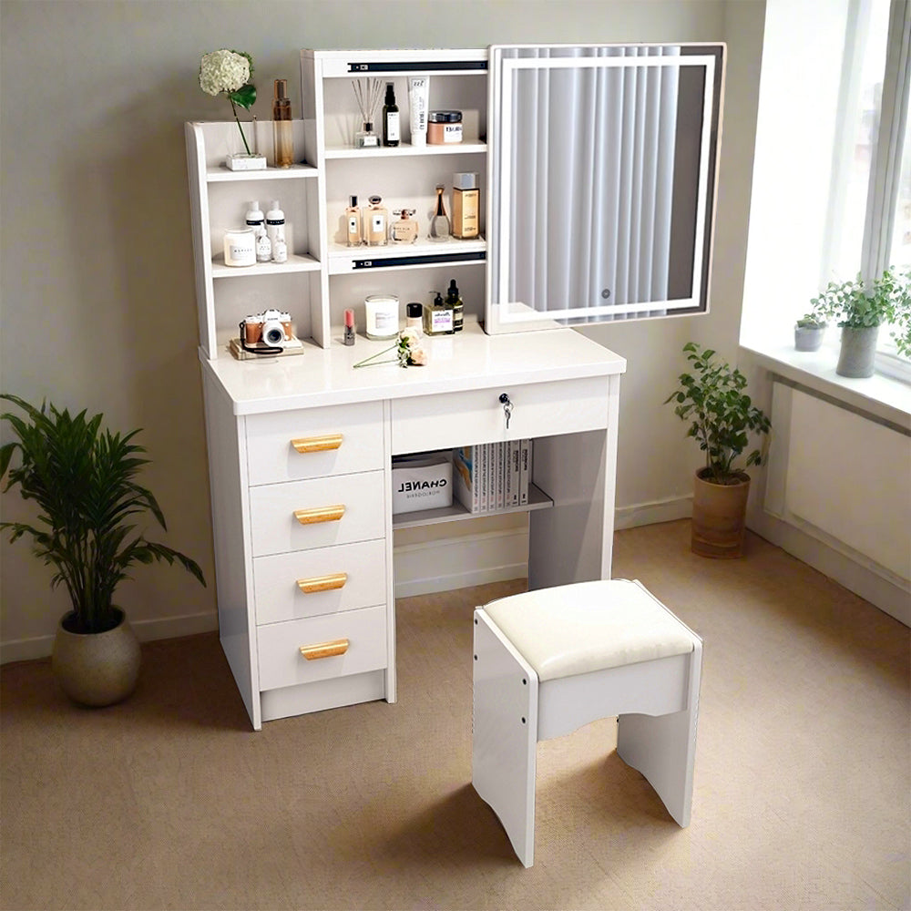 LIVARA 198 80CM Length Sliding Large Mirror Dressing Table With Stool Or LED Light