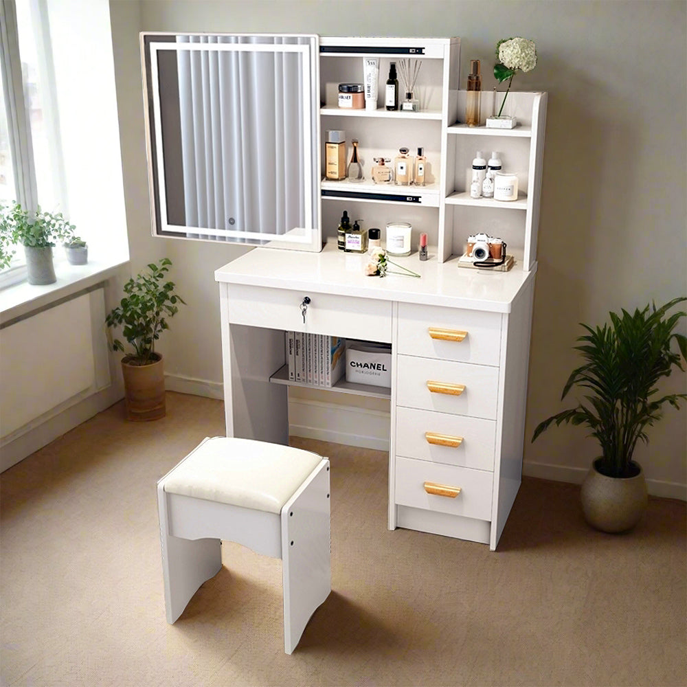 LIVARA 198 80CM Length Sliding Large Mirror Dressing Table With Stool Or LED Light