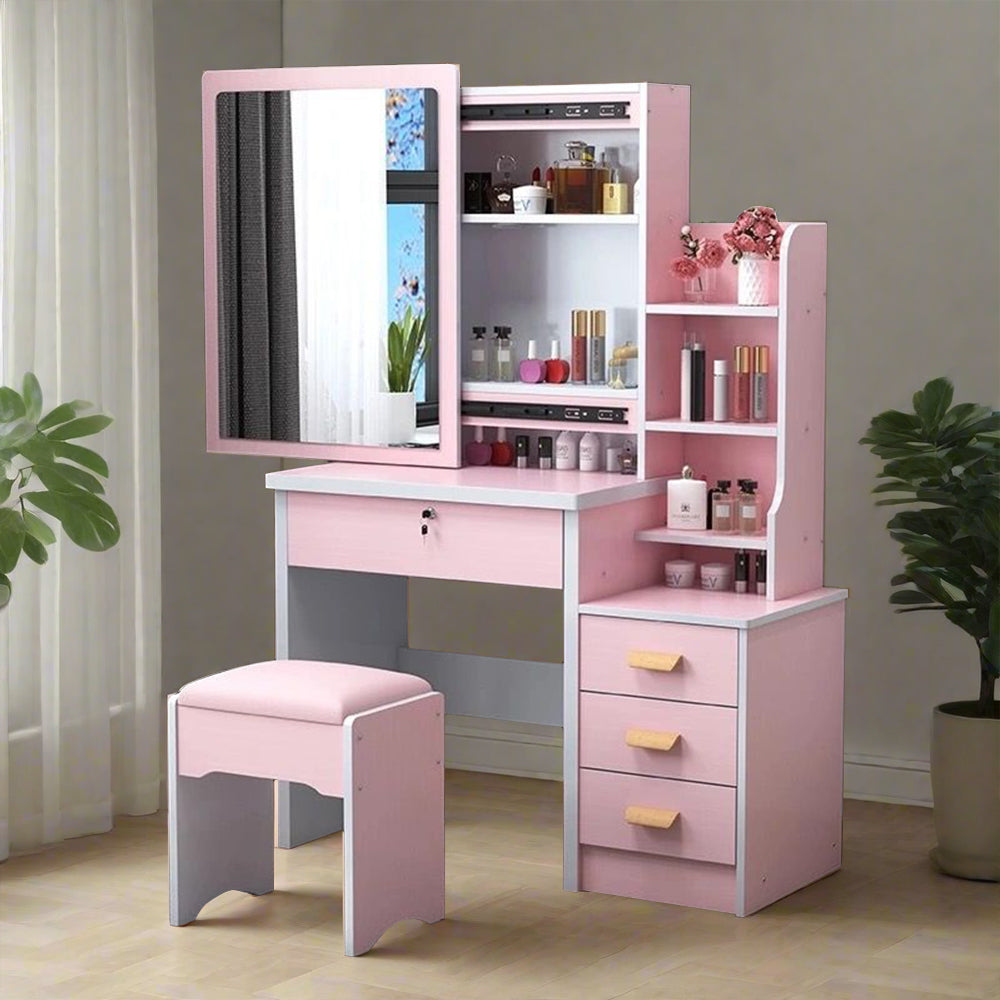 LIVARA 80/100CM Length Sliding Large Mirror Dressing Table With Stool