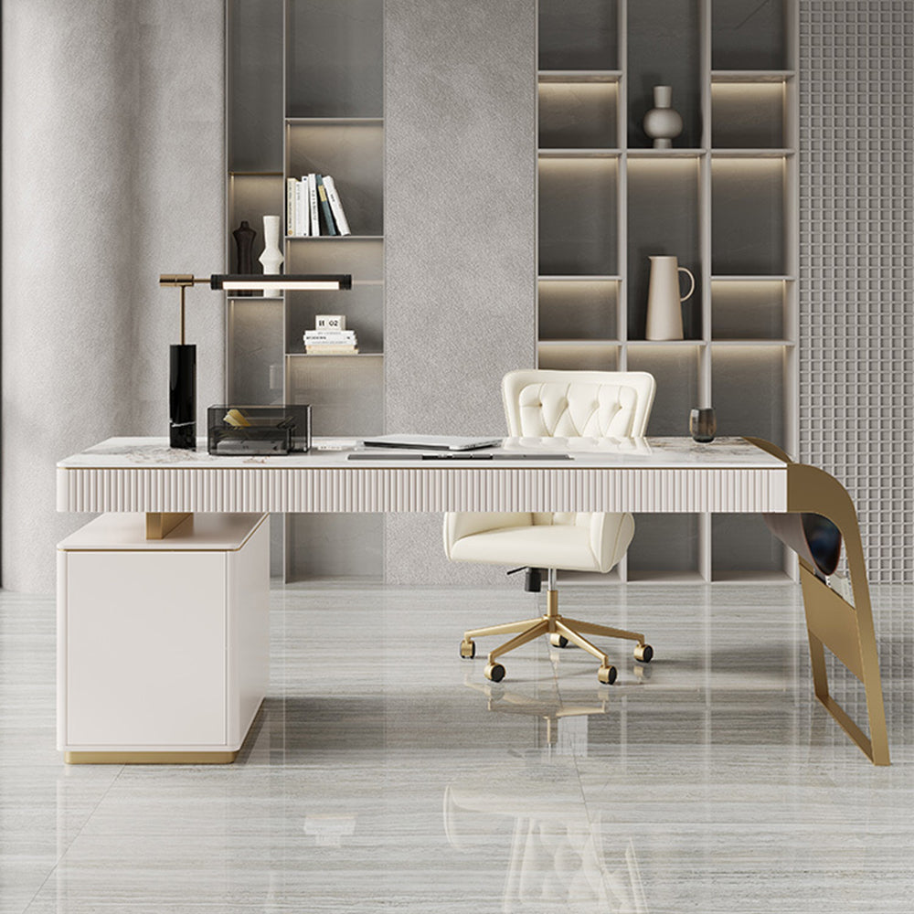 LUXORA WD1020 140cm Length Office Desk With Storage Cabinet Sintered Stone Tabletop