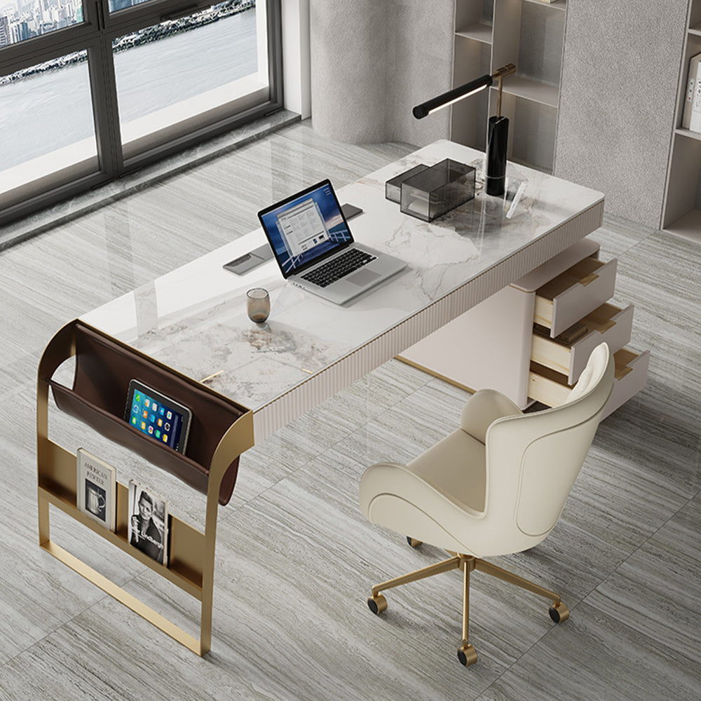 LUXORA WD1020 140cm Length Office Desk With Storage Cabinet Sintered Stone Tabletop