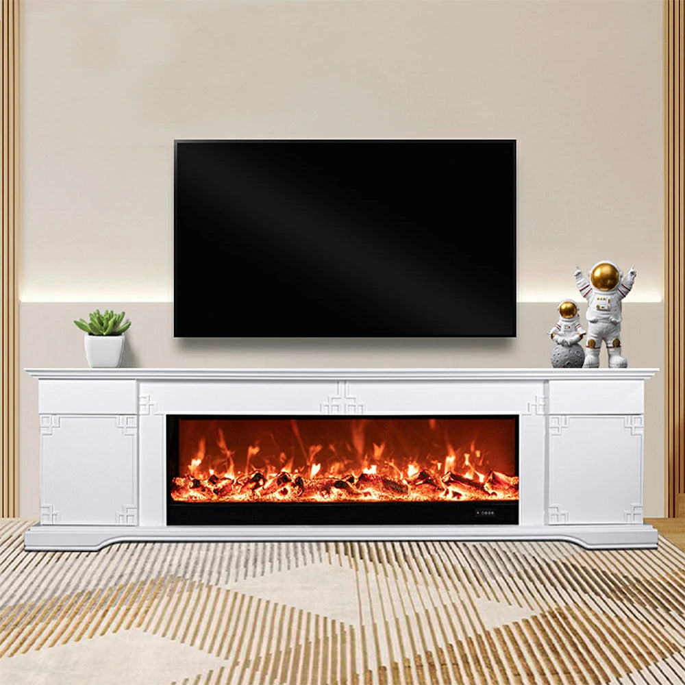 LIVARA 650S Electric Fireplace TV Cabinet - Solid Wood Frame with 3D Flame Effect, Dual Core Options 12W/750–1500W, Remote Control, Durable & Stylish Design - White