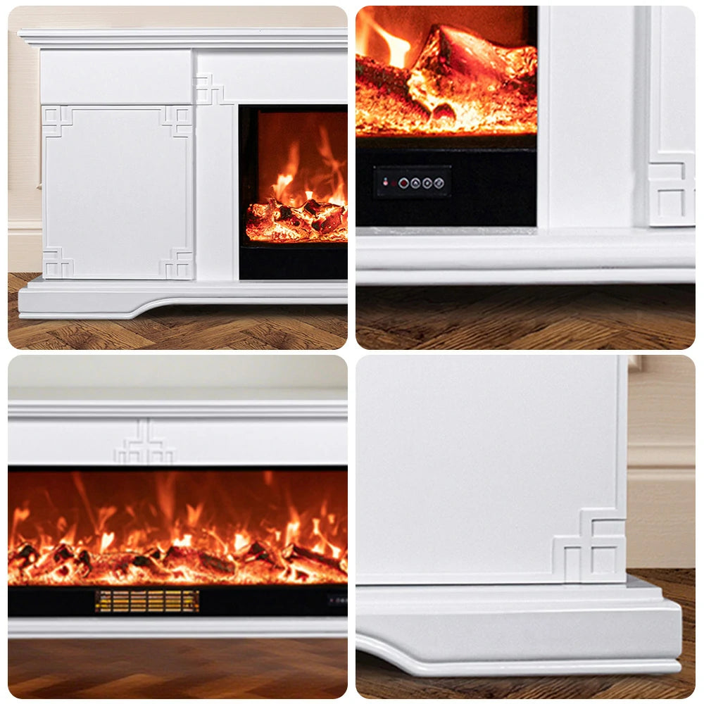 LIVARA 650S Electric Fireplace TV Cabinet - Solid Wood Frame with 3D Flame Effect, Dual Core Options 12W/750–1500W, Remote Control, Durable & Stylish Design - White