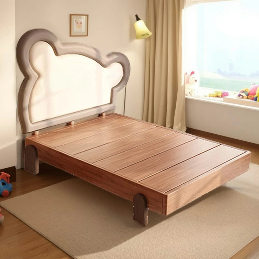 LUXORA 135/150cm Solid Wood Children's Bed Frame with Teddy Bear Bedhead Soft Backrest