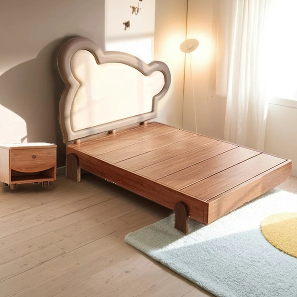 LUXORA 135/150cm Solid Wood Children's Bed Frame with Teddy Bear Bedhead Soft Backrest