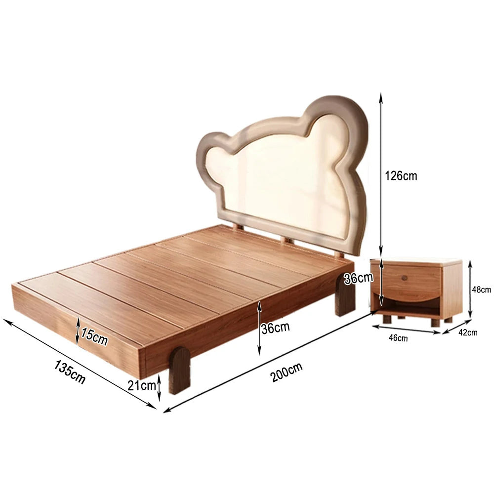LUXORA 135/150cm Solid Wood Children's Bed Frame with Teddy Bear Bedhead Soft Backrest