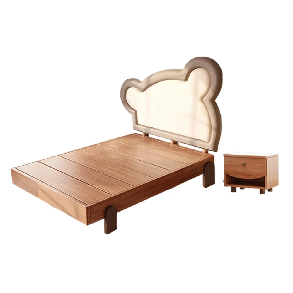 LUXORA 135/150cm Solid Wood Children's Bed Frame with Teddy Bear Bedhead Soft Backrest