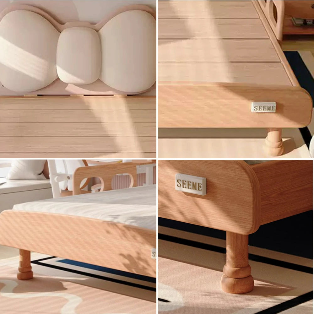 LUXORA 120/135cm Solid Wood Children's Bed Frame with Bow Headboard and Soft Backrest