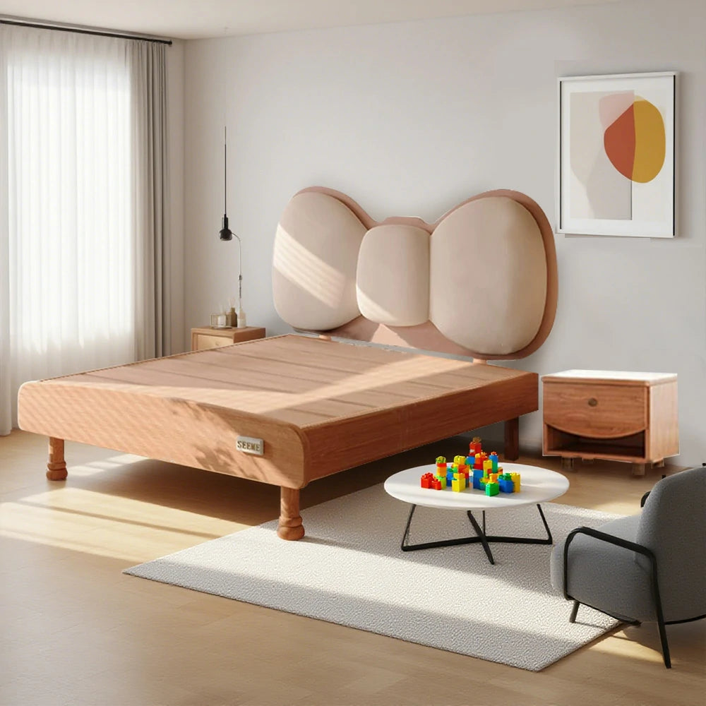 LUXORA 120/135cm Solid Wood Children's Bed Frame with Bow Headboard and Soft Backrest