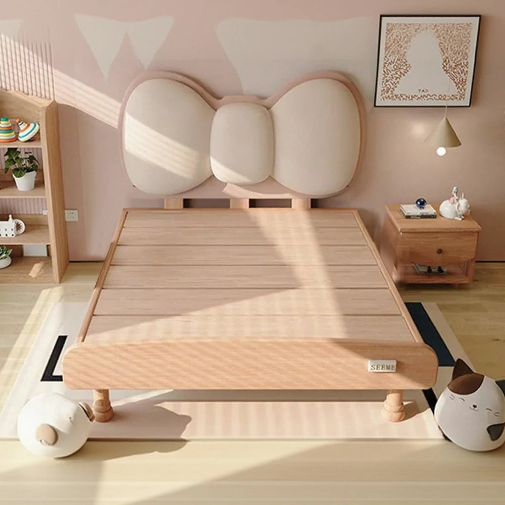 LUXORA 120/135cm Solid Wood Children's Bed Frame with Bow Headboard and Soft Backrest
