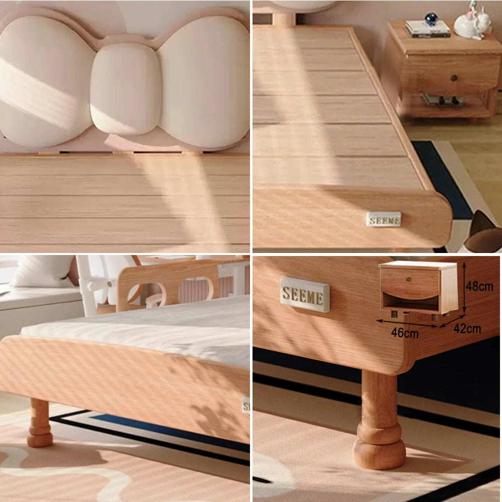 LUXORA 120/135cm Solid Wood Children's Bed Frame with Bow Headboard and Soft Backrest