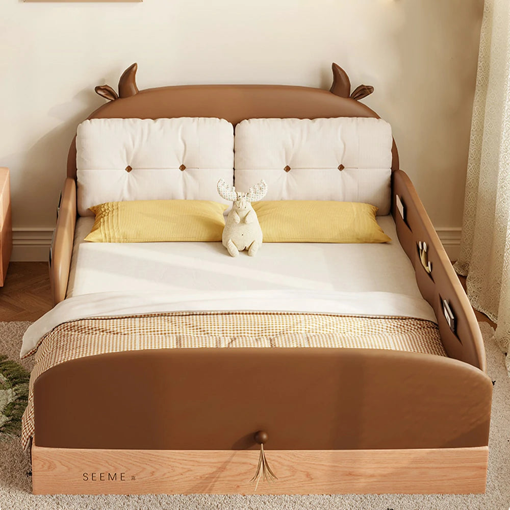 LUXORA 100/120/135/150/180cm Solid Wood Children'S Bed with Cow Ear Headboard and Three Side Guardrails