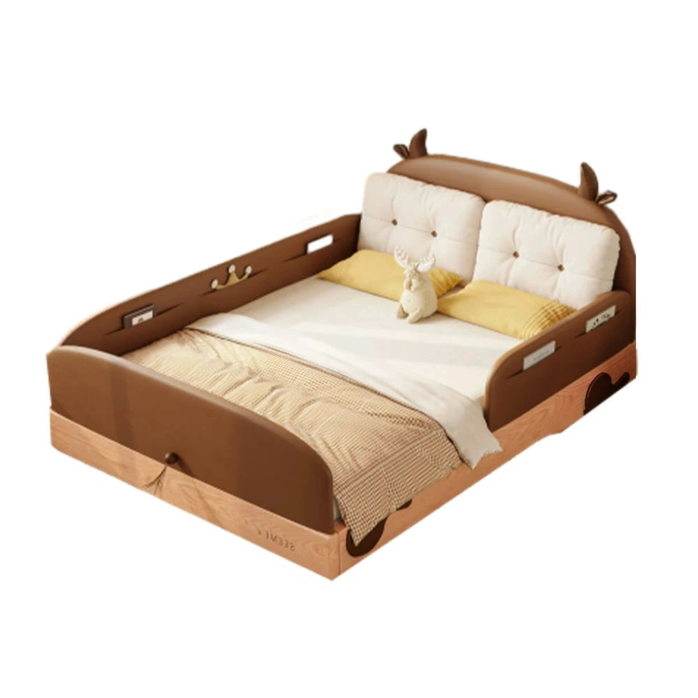 LUXORA 100/120/135/150/180cm Solid Wood Children'S Bed with Cow Ear Headboard and Three Side Guardrails