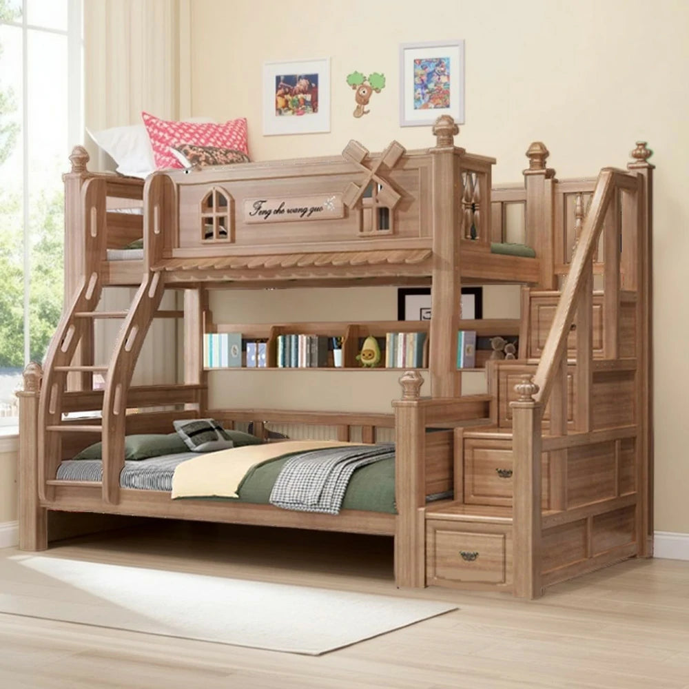 LUXORA 120/135/150/180cm Solid Wood Bunk Bed with Double Ladder & Included Mattress