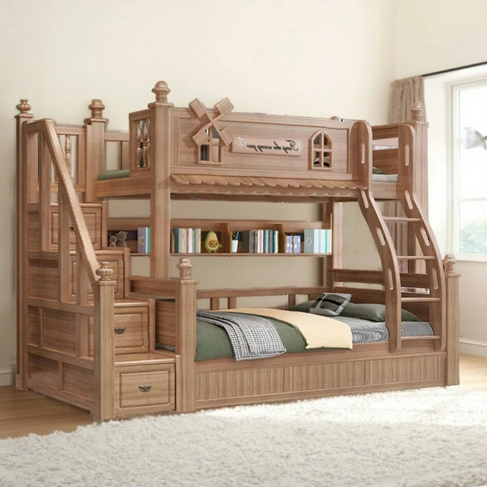 LUXORA 120/135/150/180cm Solid Wood Bunk Bed with Double Ladder & Included Mattress