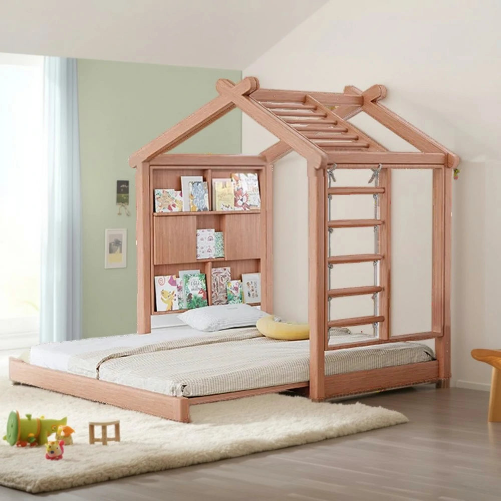 LUXORA 180/200cm Wooden Kids House Bed with Slide-Out Function Play System Climbing Frame, Picture Book Wall