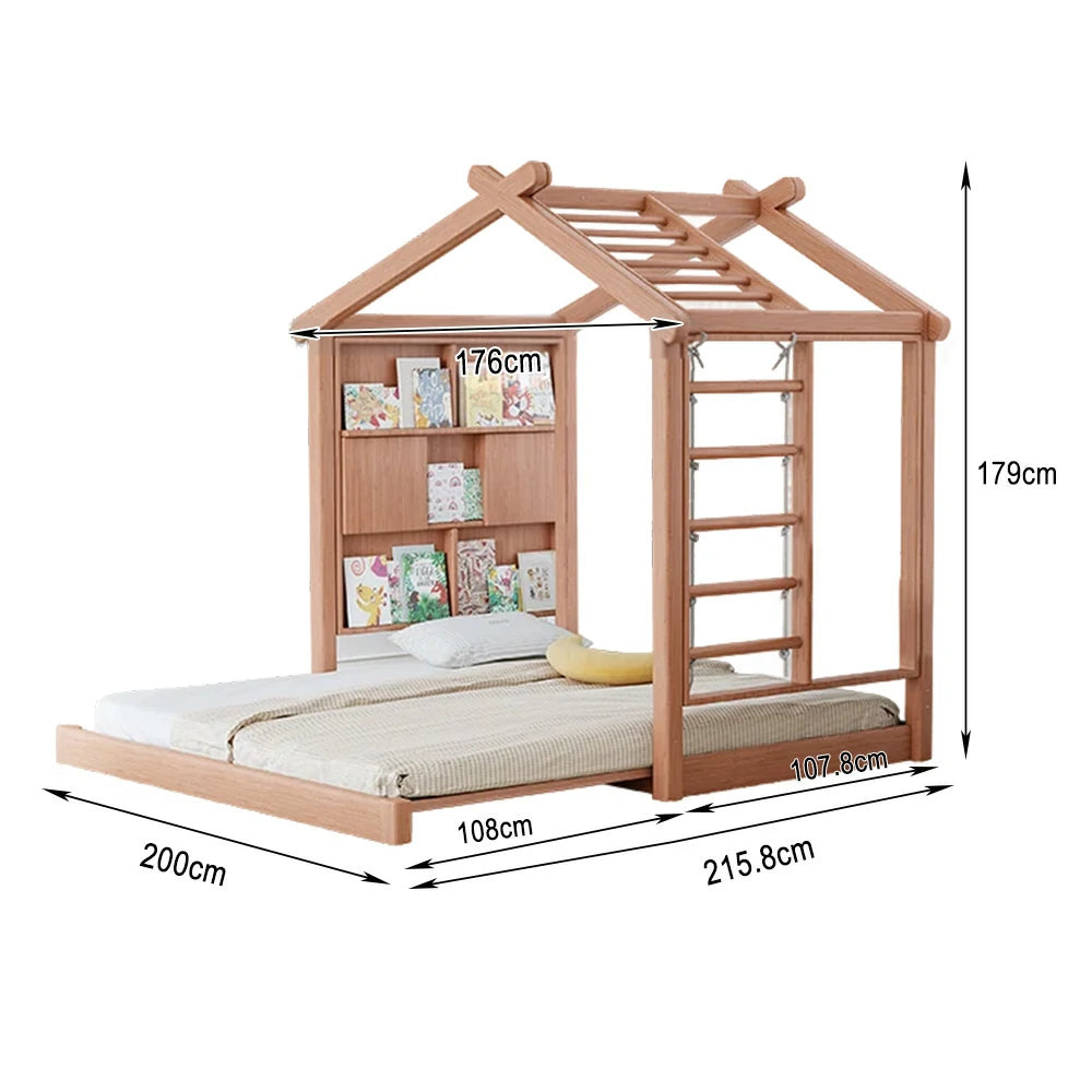 LUXORA 180/200cm Wooden Kids House Bed with Slide-Out Function Play System Climbing Frame, Picture Book Wall
