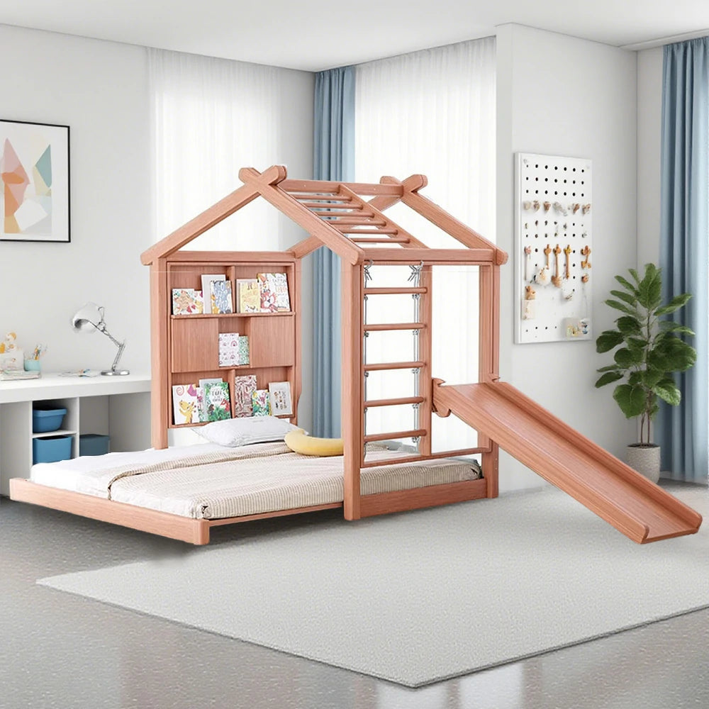 LUXORA 180/200cm Wooden Kids House Bed with Slide-Out Function 3-in-1 Play System Climbing Frame, Picture Book Wall & Slide