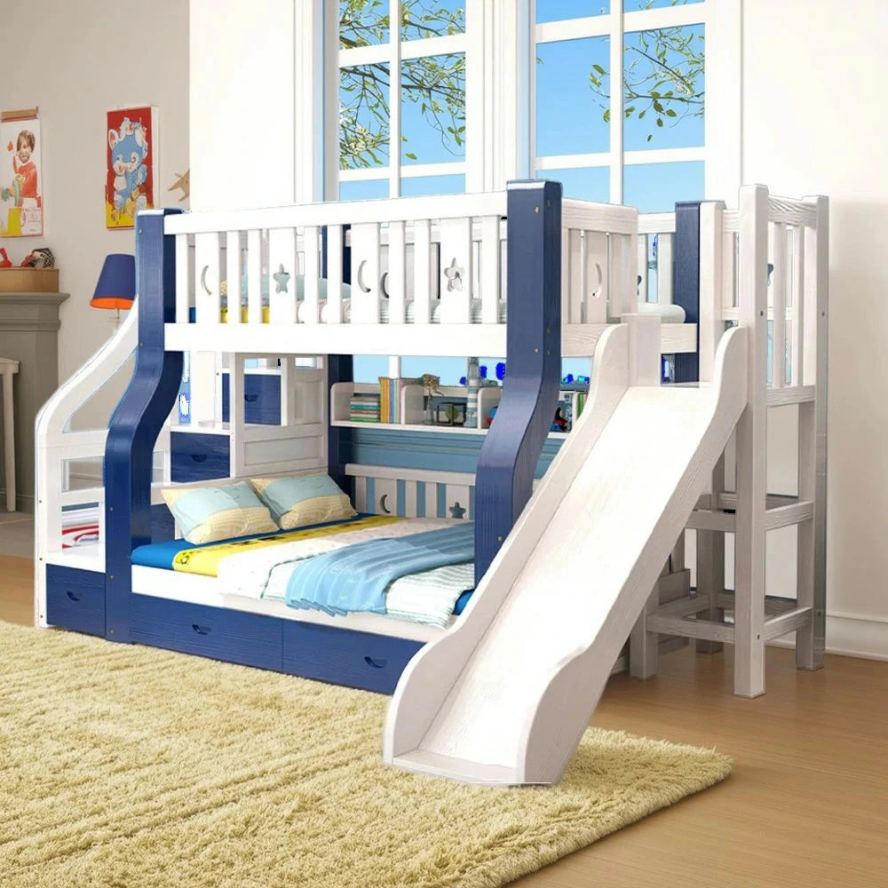 LUXORA 120/135/150/180cm Solid Wood Frame Bunk Bed Slide - Blue