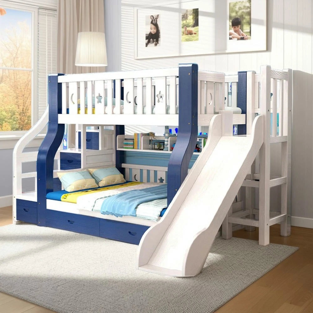 LUXORA 120/135/150/180cm Solid Wood Frame Bunk Bed Slide - Blue