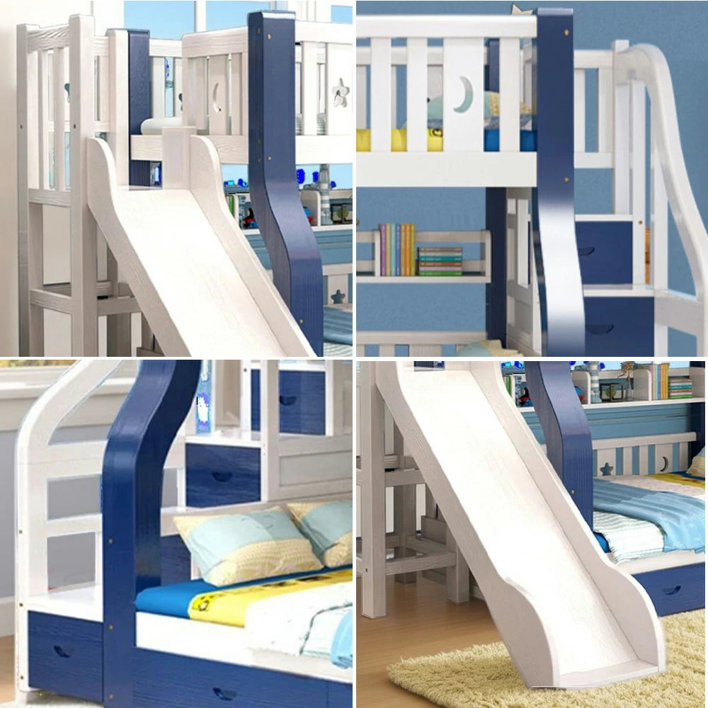LUXORA 120/135/150/180cm Solid Wood Frame Bunk Bed Slide - Blue