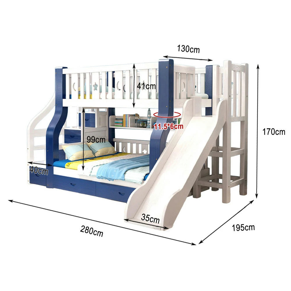 LUXORA 120/135/150/180cm Solid Wood Frame Bunk Bed Slide - Blue