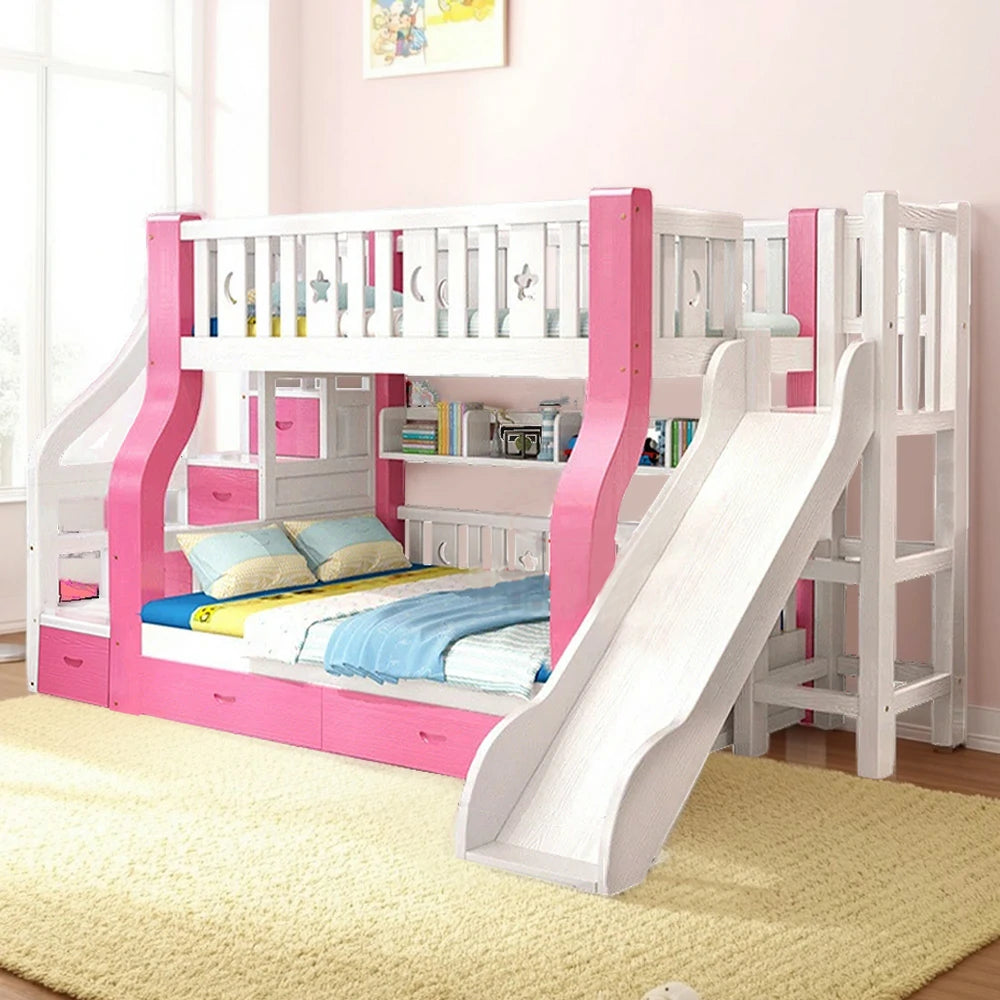 LUXORA 120/135/150/180cm Solid Wood Frame Bunk Bed Slide - Pink