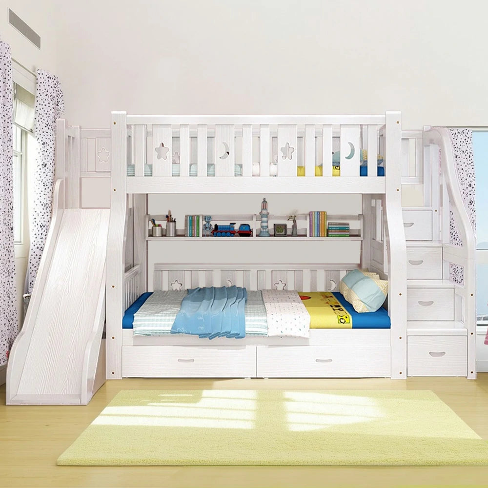 LUXORA 120/135/150/180cm Solid Wood Frame Bunk Bed Slide - White