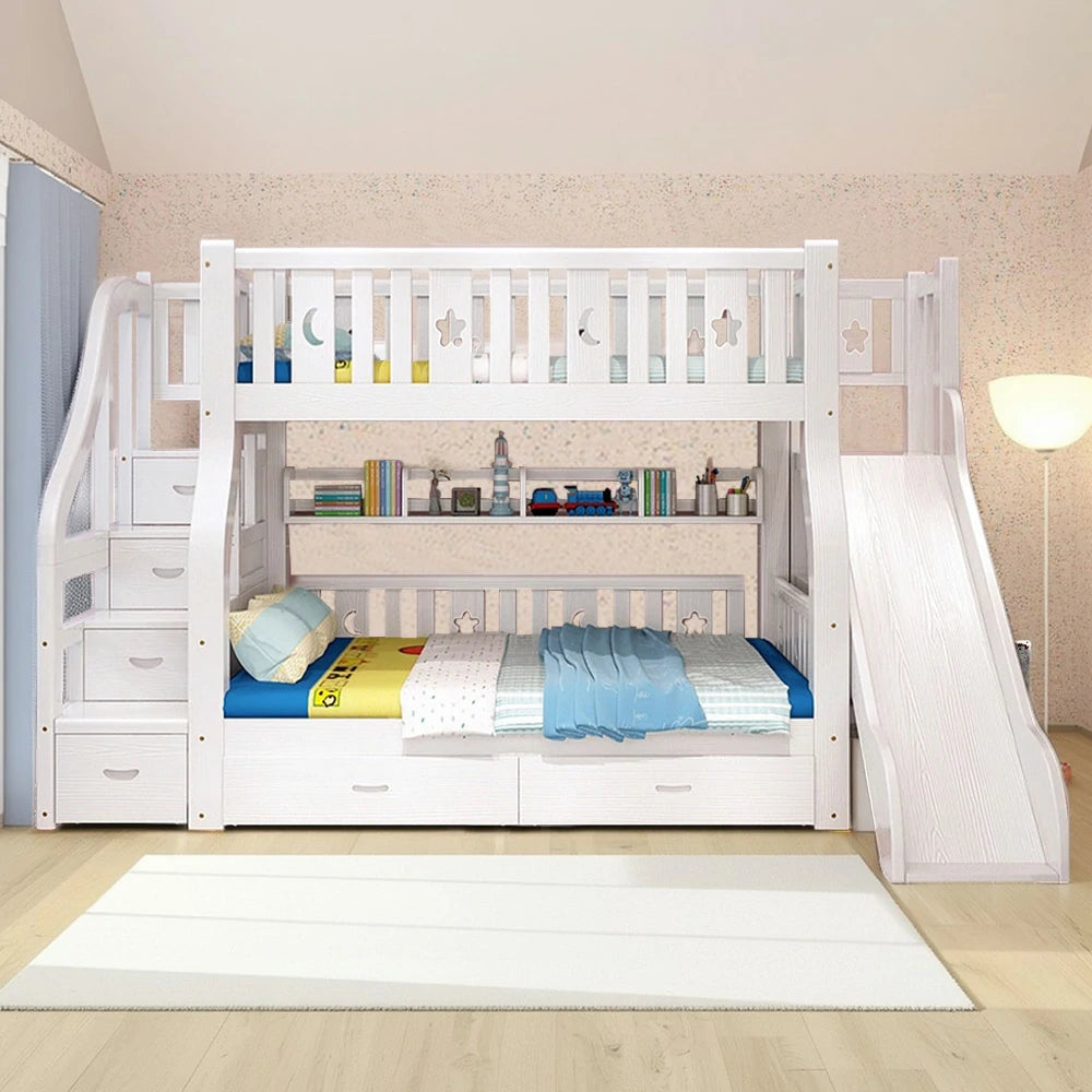 LUXORA 120/135/150/180cm Solid Wood Frame Bunk Bed Slide - White