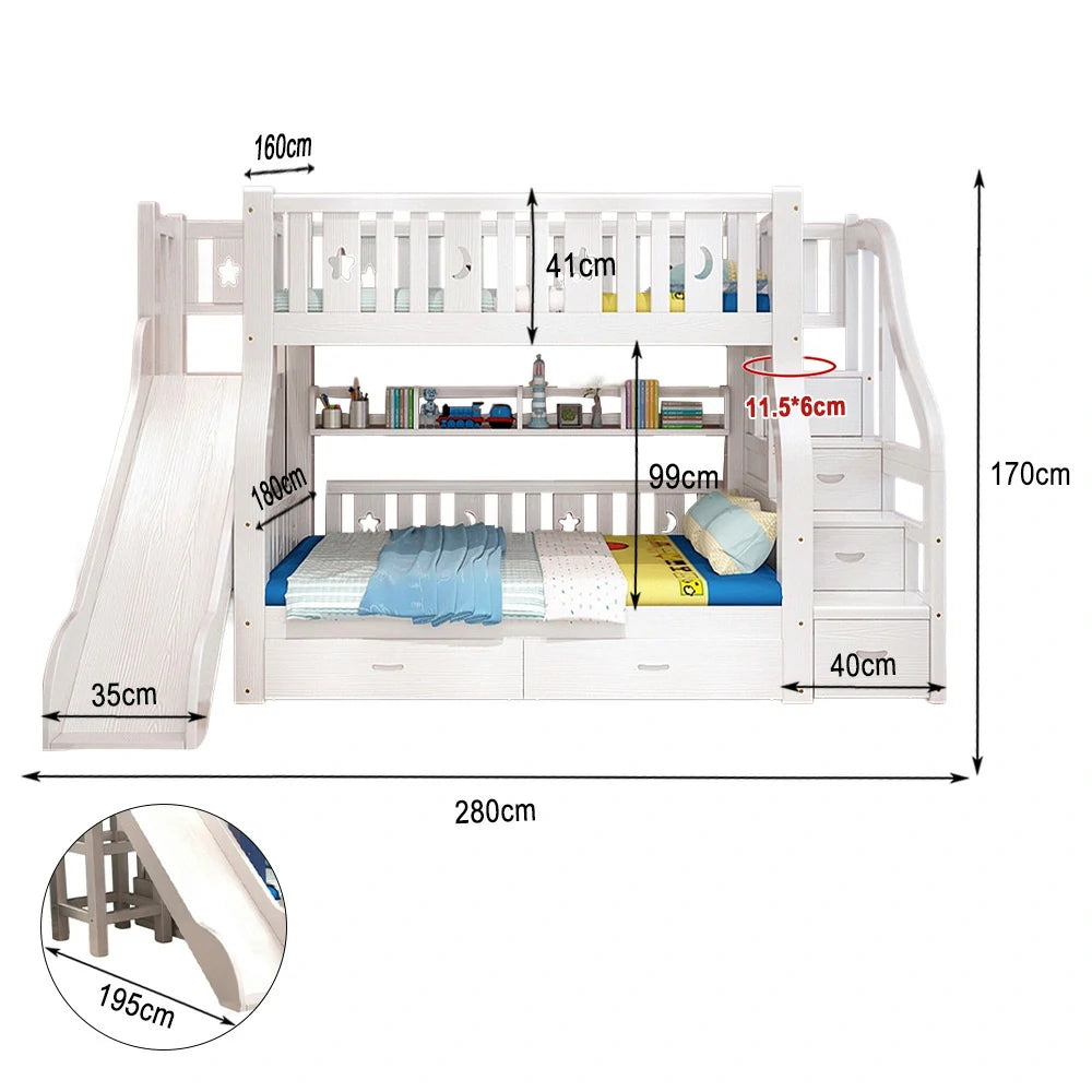 LUXORA 120/135/150/180cm Solid Wood Frame Bunk Bed Slide - White