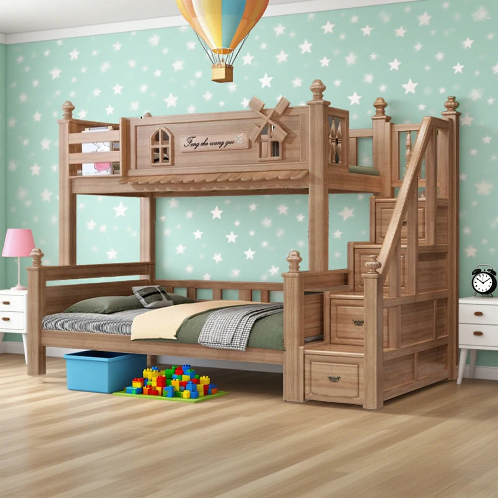LUXORA 120/135/150/180cm Solid Wood Bunk Bed with Staircase Drawers & Included Mattress