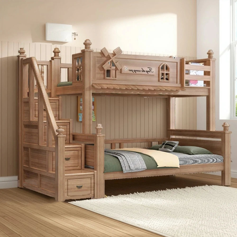LUXORA 120/135/150/180cm Solid Wood Bunk Bed with Staircase Drawers & Included Mattress