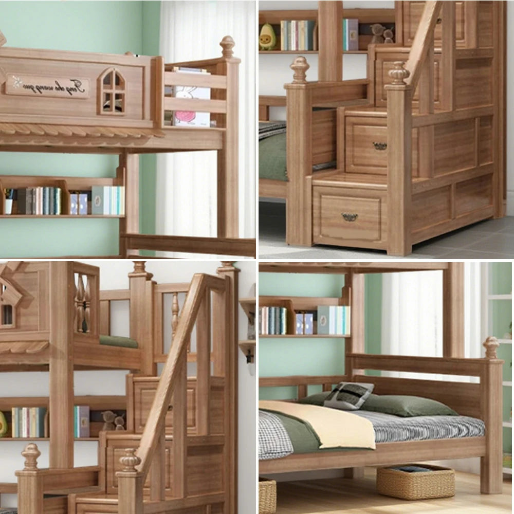 LUXORA 120/135/150/180cm Solid Wood Bunk Bed with Staircase Drawers & Included Mattress