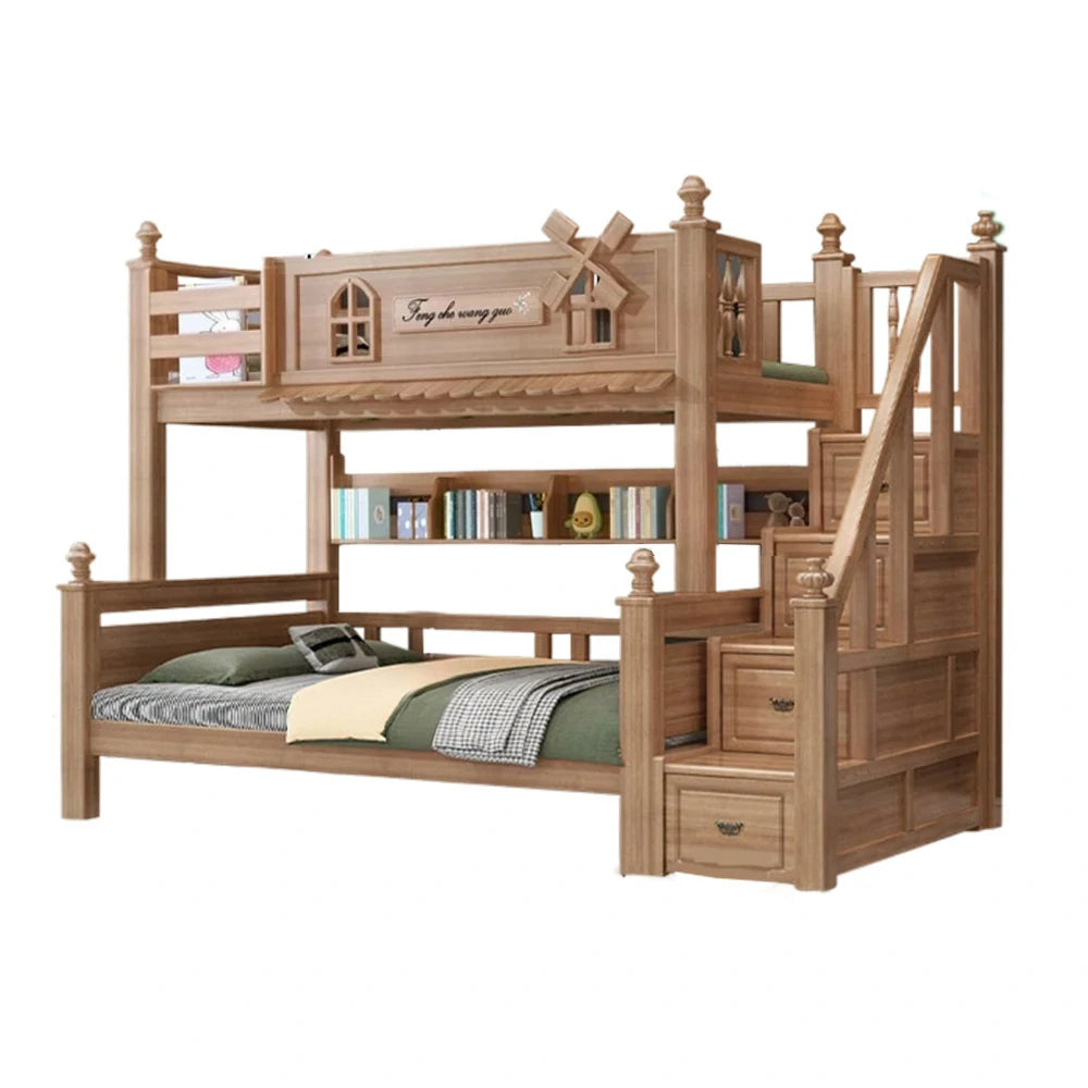LUXORA 120/135/150/180cm Solid Wood Bunk Bed with Staircase Drawers & Included Mattress