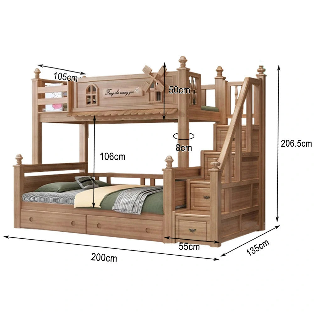 LUXORA 120/135/150/180cm Solid Wood Bunk Bed with Staircase Drawers & Included Mattress