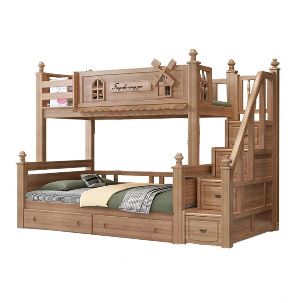 LUXORA 120/135/150/180cm Solid Wood Bunk Bed with Staircase Drawers & Included Mattress