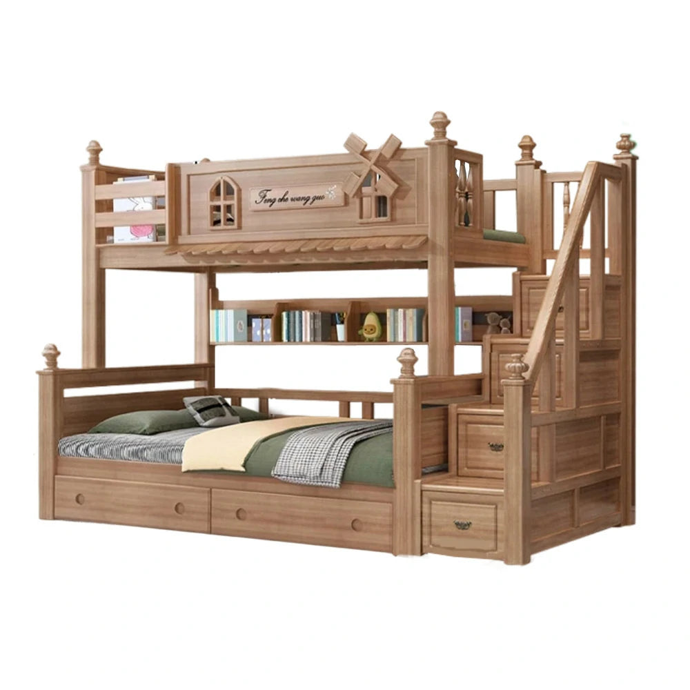 LUXORA 120/135/150/180cm Solid Wood Bunk Bed with Staircase Drawers & Included Mattress
