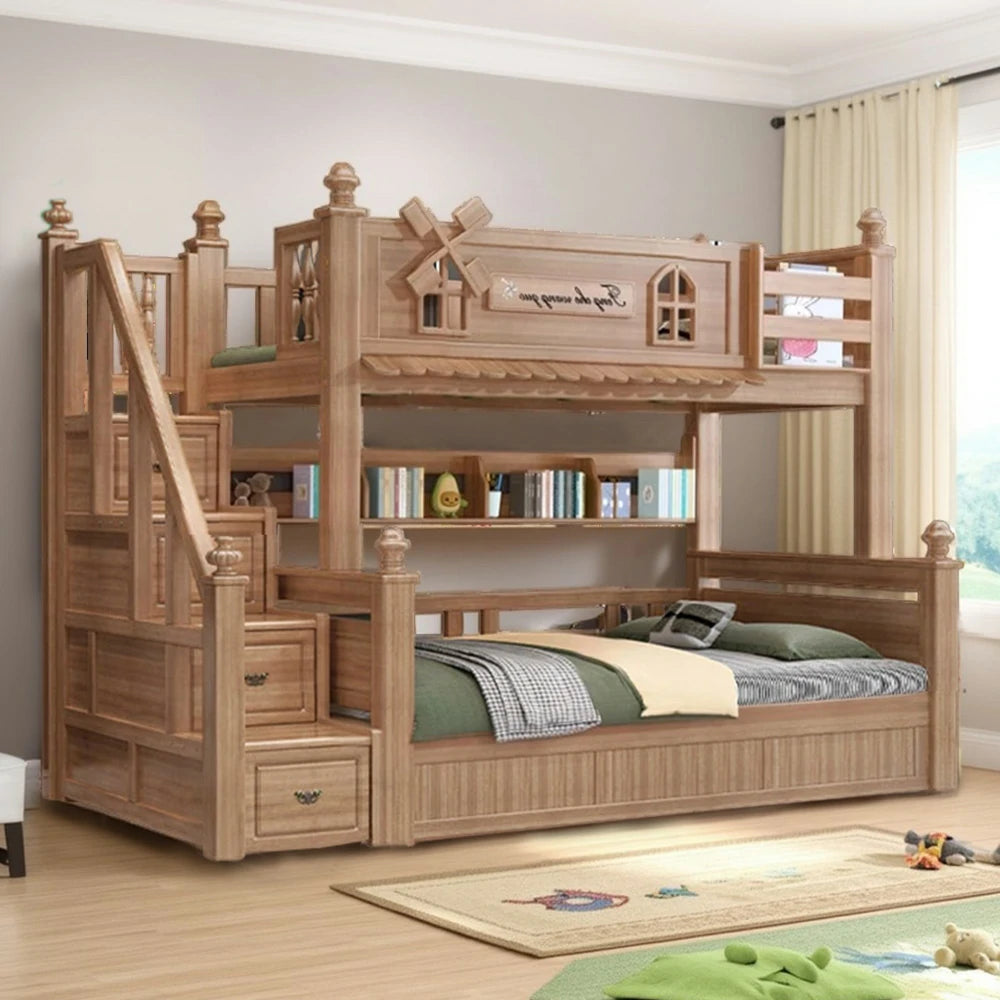 LUXORA 120/135/150/180cm Solid Wood Bunk Bed with Staircase Drawers & Included Mattress