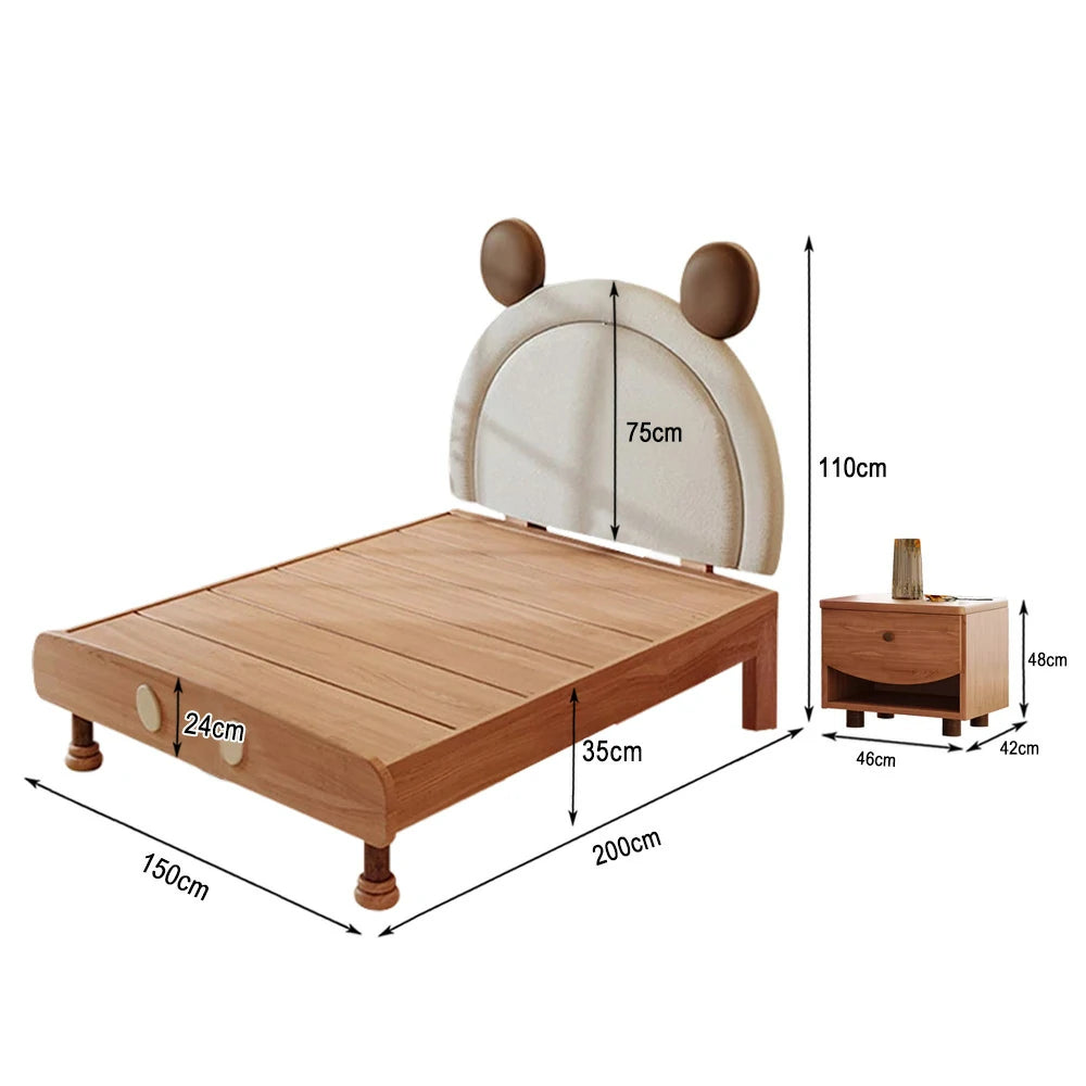 LUXORA 120/135/150/180cm Solid Wood Children's Bed Frame With Mouse Bedhead Soft Backrest