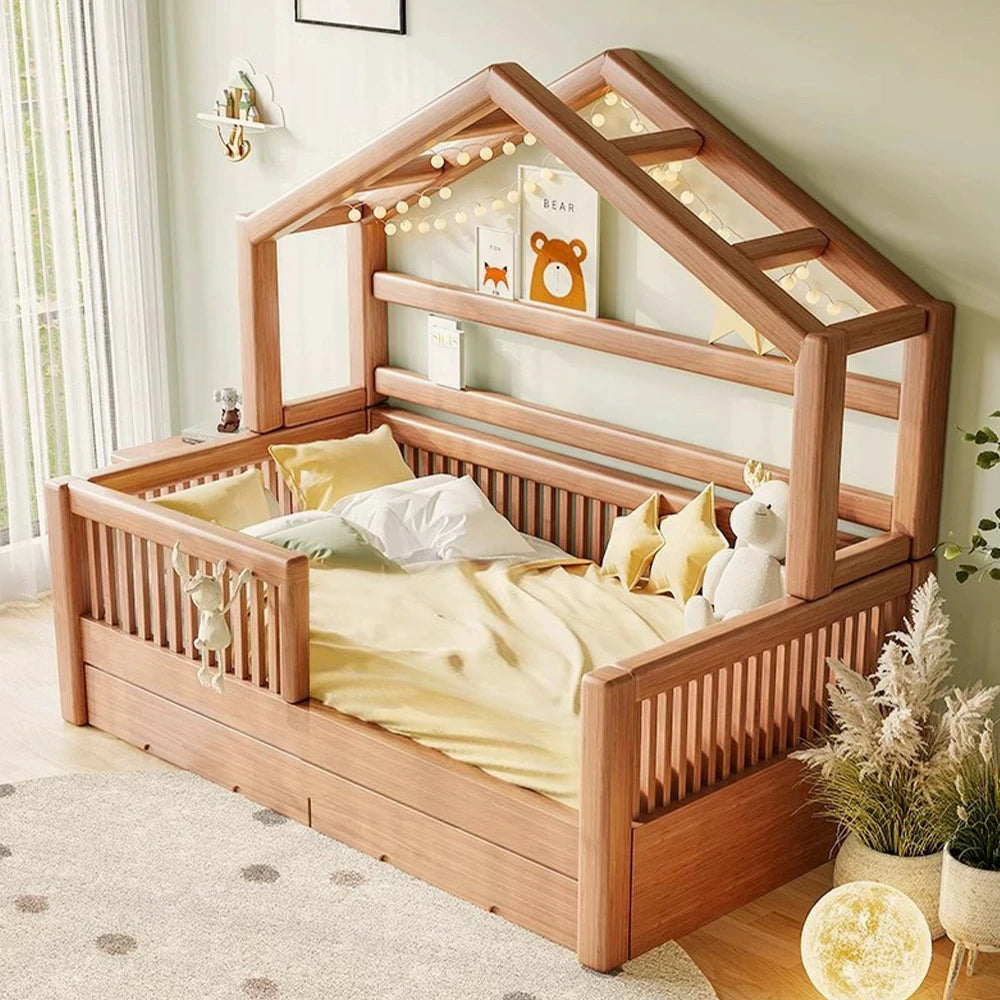 LUXORA 120/135/150cm Solid Wood Frame Children'S Treehouse Bed With Guardrail