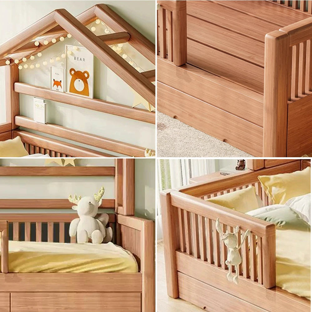 LUXORA 120/135/150cm Solid Wood Frame Children'S Treehouse Bed With Guardrail
