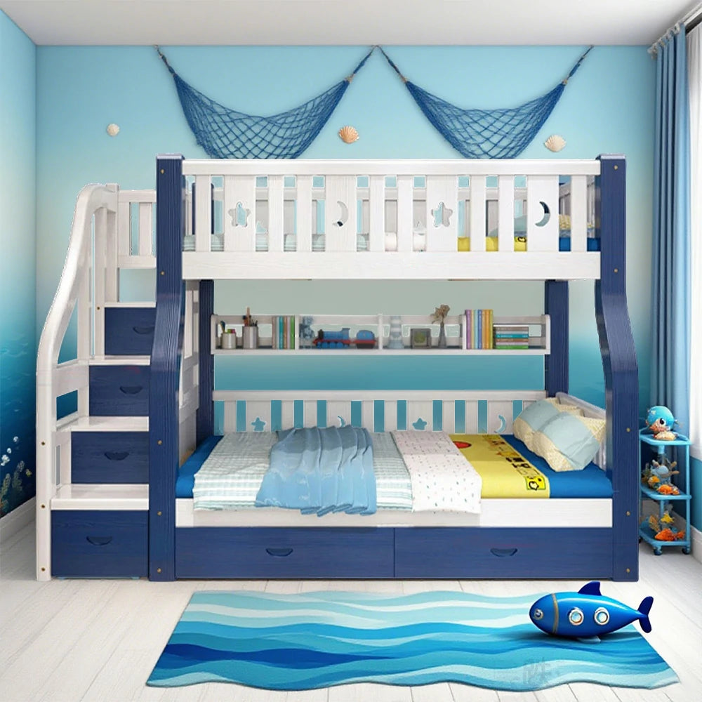 LUXORA 120/135/150/180cm Solid Wood Frame Bunk Bed Ladder Cabinet - Blue