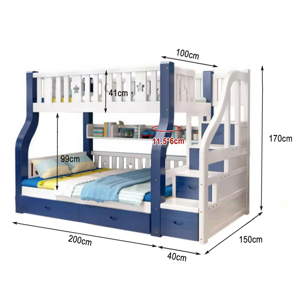 LUXORA 120/135/150/180cm Solid Wood Frame Bunk Bed Ladder Cabinet - Blue